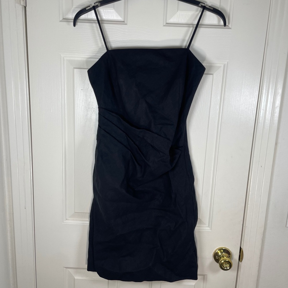 Theory Black Galena Linen Side Pleated Mini Dress Spaghetti Strap Women's Size 6